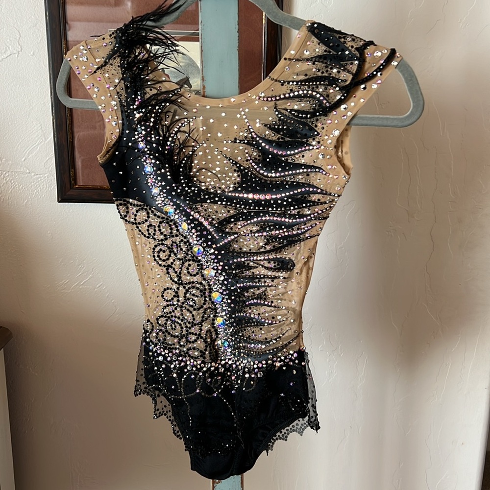 Dance Rhythmic Ice Skating Costume Leo with Skirt Handmade Swarovski Crystals